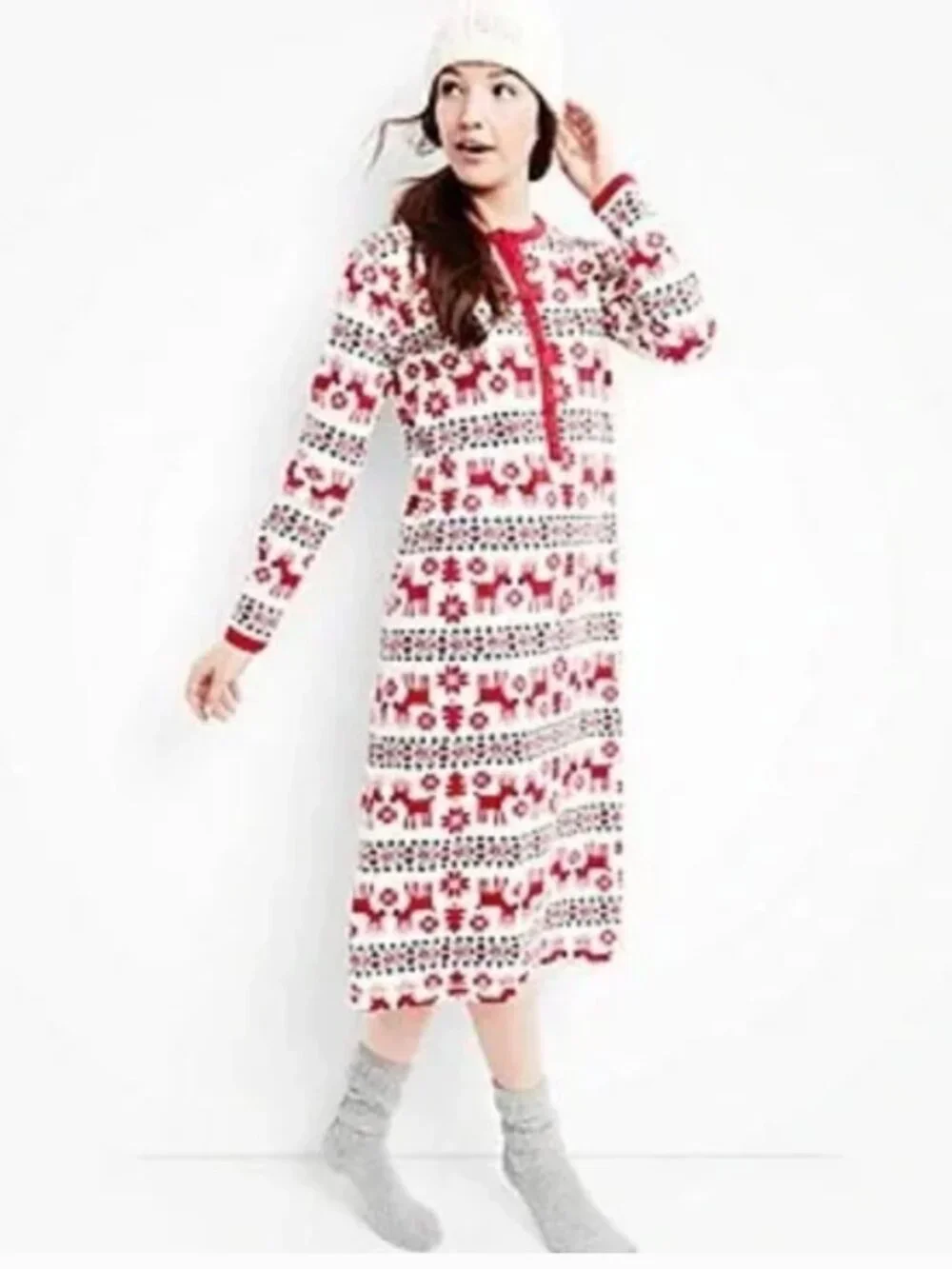 Hanna Andersson‎ Dear Deer Henley Nightgown Long Sleeve Fair Isle Christmas XS